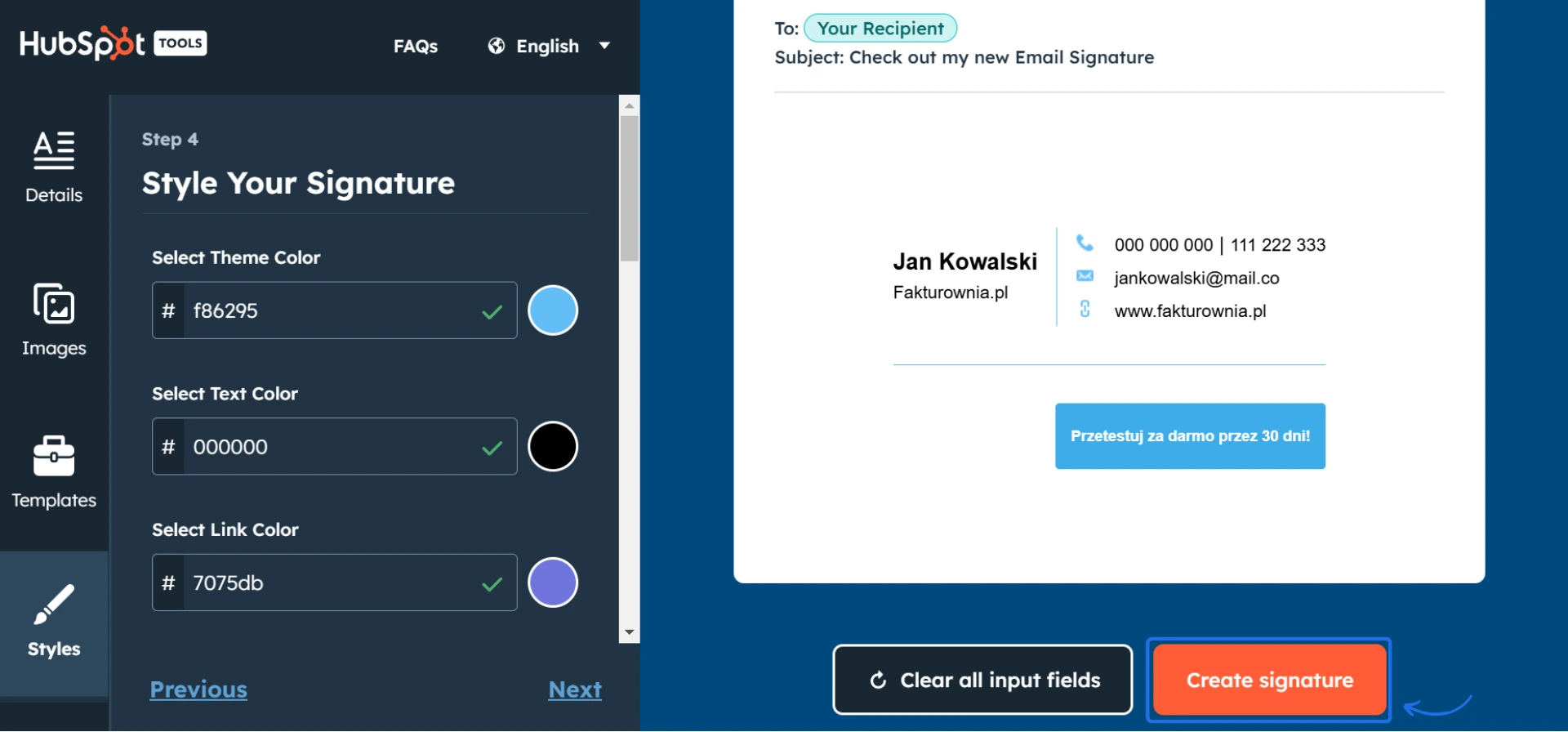 HubSpot Email Signature Generator – możliwość wygenerowania kodu stopki po zakończonym procesie konfiguracji.