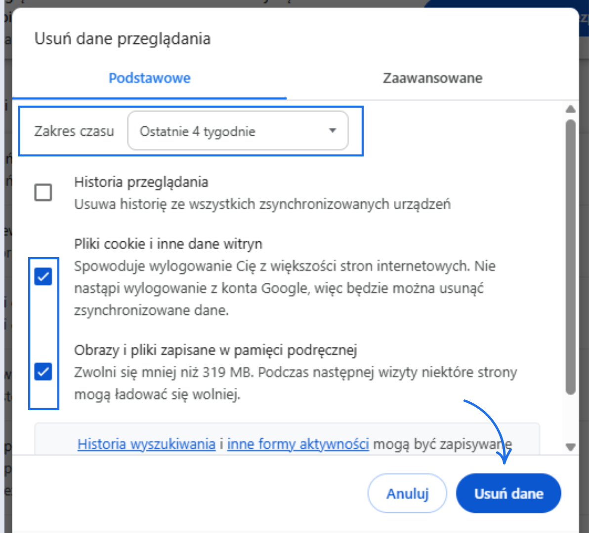 Opcja usuwania danych przeglądania w Chrome z ostatnich 4 tygodni, przy zaznaczonych plikach cookies i cache.