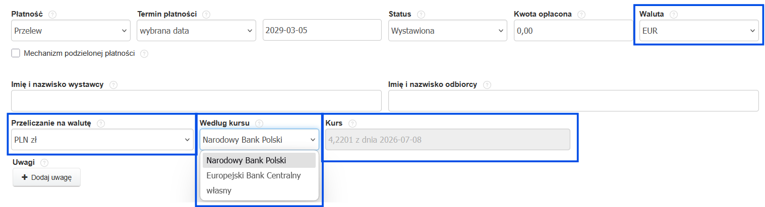 Formularz faktury z walutą główną EUR, przeliczeniem według NBP na PLN i zastosowanym kursem.