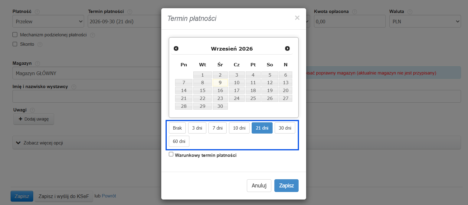 Wybór terminu płatności w dedykowanym oknie po dodaniu własnych terminów w słownikach.