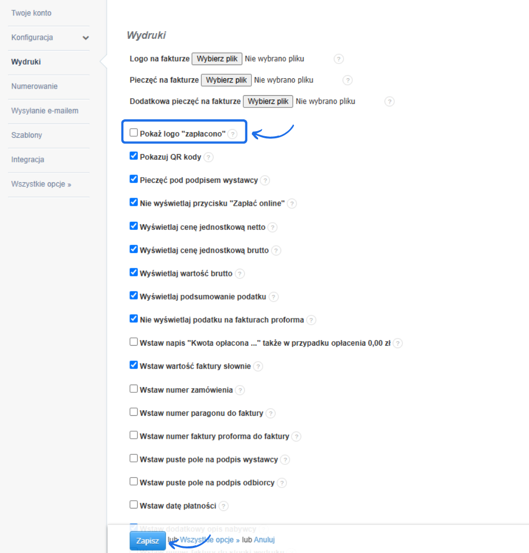 Ustawienia wydruków faktur z opcją wyboru logo, pieczęci 'zapłacono', kodów QR, podsumowania podatku i dodatkowych pól na fakturze.