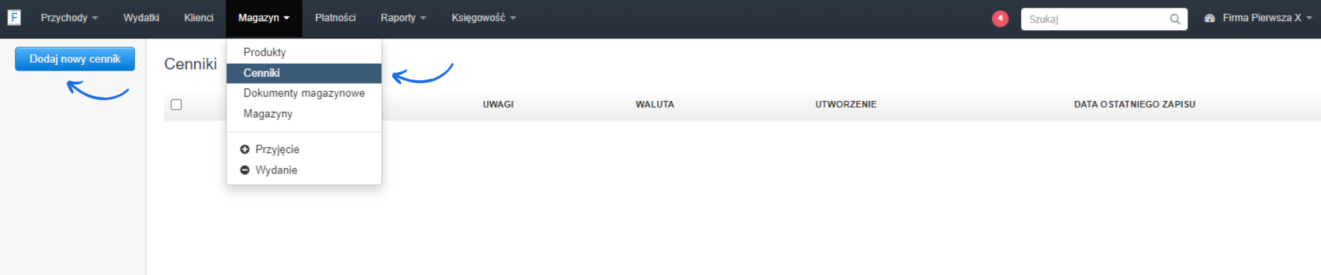 Lista cenników utworzonych na koncie w systemie Fakturownia z możliwością utworzenia nowego za pomocą przycisku Dodaj nowy cennik.