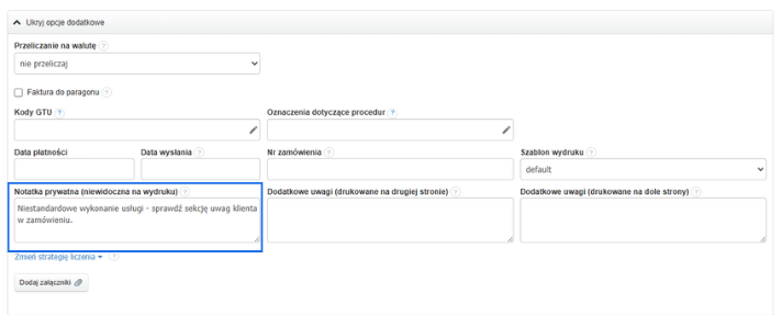 Formularz edycji dokumentu z uzupełnionym polem „Notatka prywatna” o treści dotyczącej niestandardowej usługi.