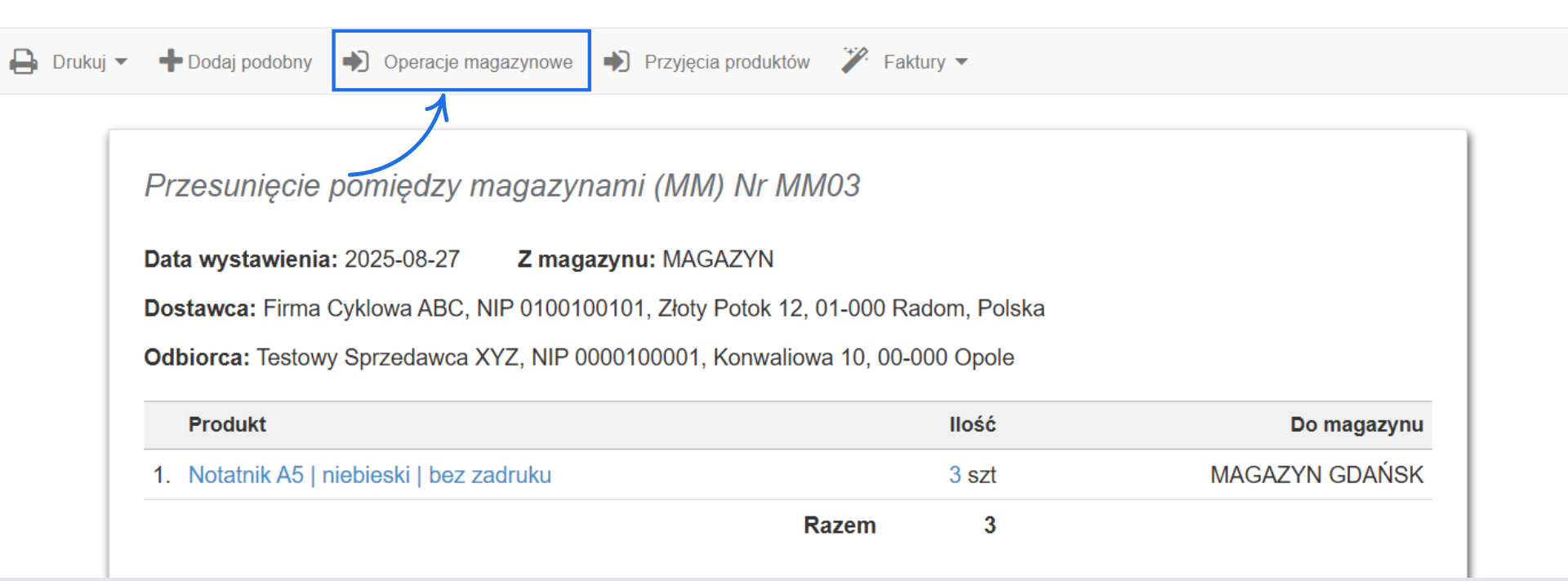 Widok dokumentu magazynowego MM03 z przesunięciem 3 sztuk produktu „Notatnik A5 | niebieski | bez nadruku” z magazynu głównego do „MAGAZYN GDAŃSK”.