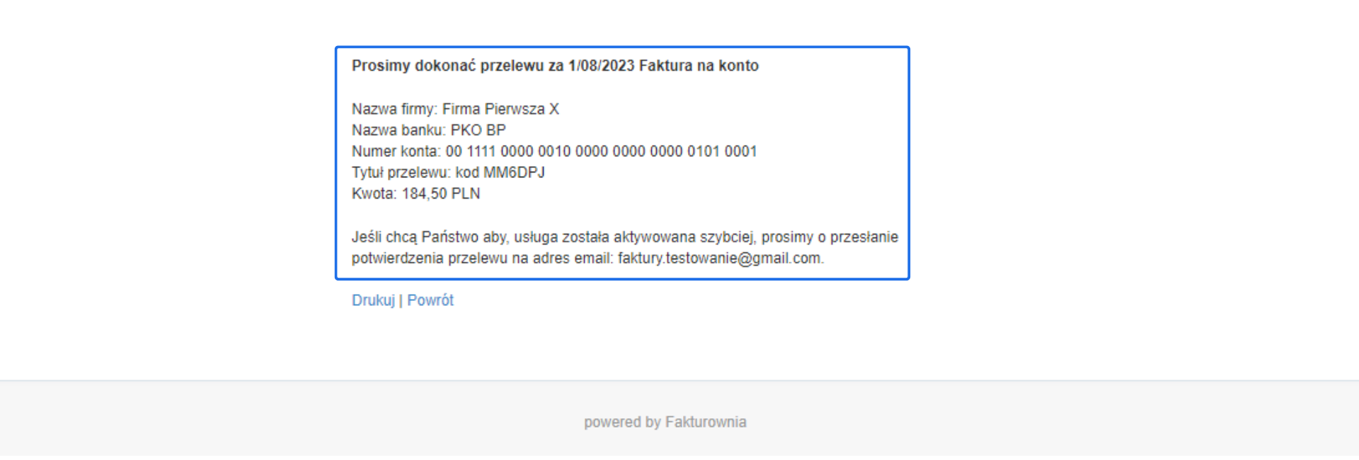 Instrukcje przelewu za fakturę 1/08/2023 na 184,50 PLN z danymi konta, tytułem przelewu i adresem do wysłania potwierdzenia.