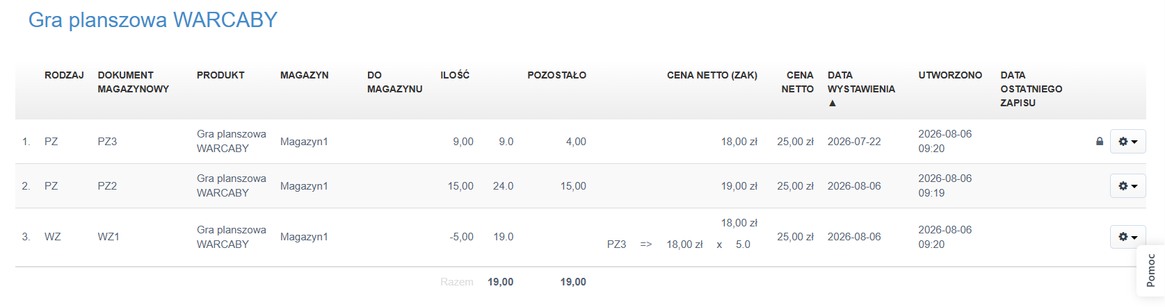 Lista akcji magazynowych - przyjęć i wydań - dla produktu gra planszowa warcaby.