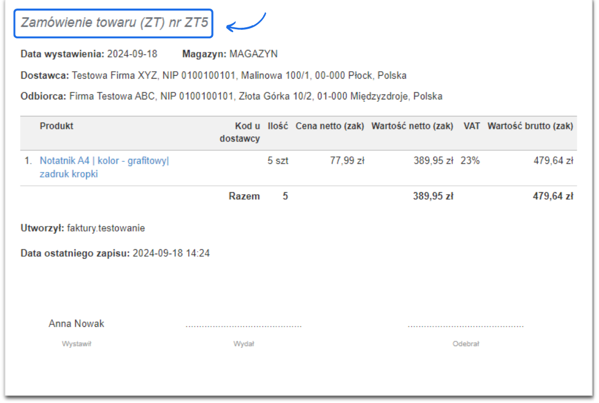 Podgląd zamówienia towaru ZT5 z notatnikiem A4, dostawcą z Płocka i odbiorcą z Międzyzdrojów. Wartość brutto zamówienia: 479,64 zł.
