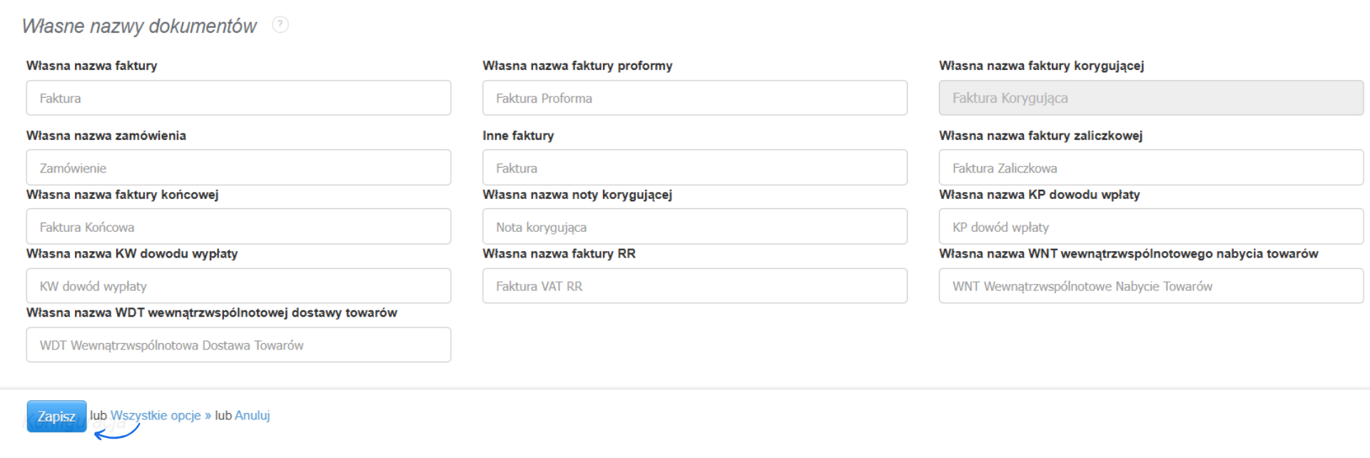 Sekcja w ustawieniach konta pozwalająca na nadanie własnej nazwy dla dokumentów systemowych z wyjątkiem faktury korygującej.