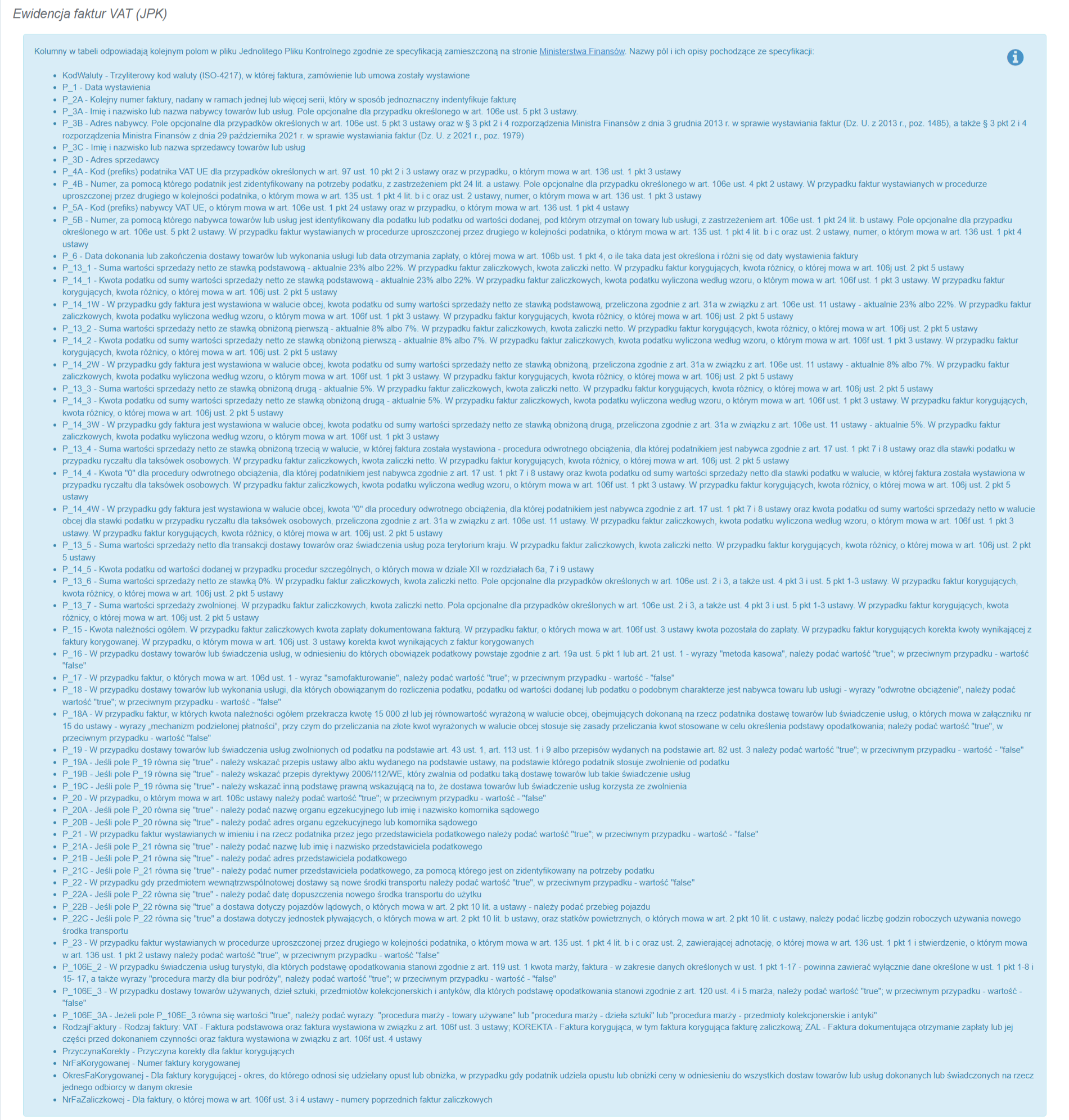 Wyjaśnienie znaczenia kolumn dostępnych w pliku JPK_FA.
