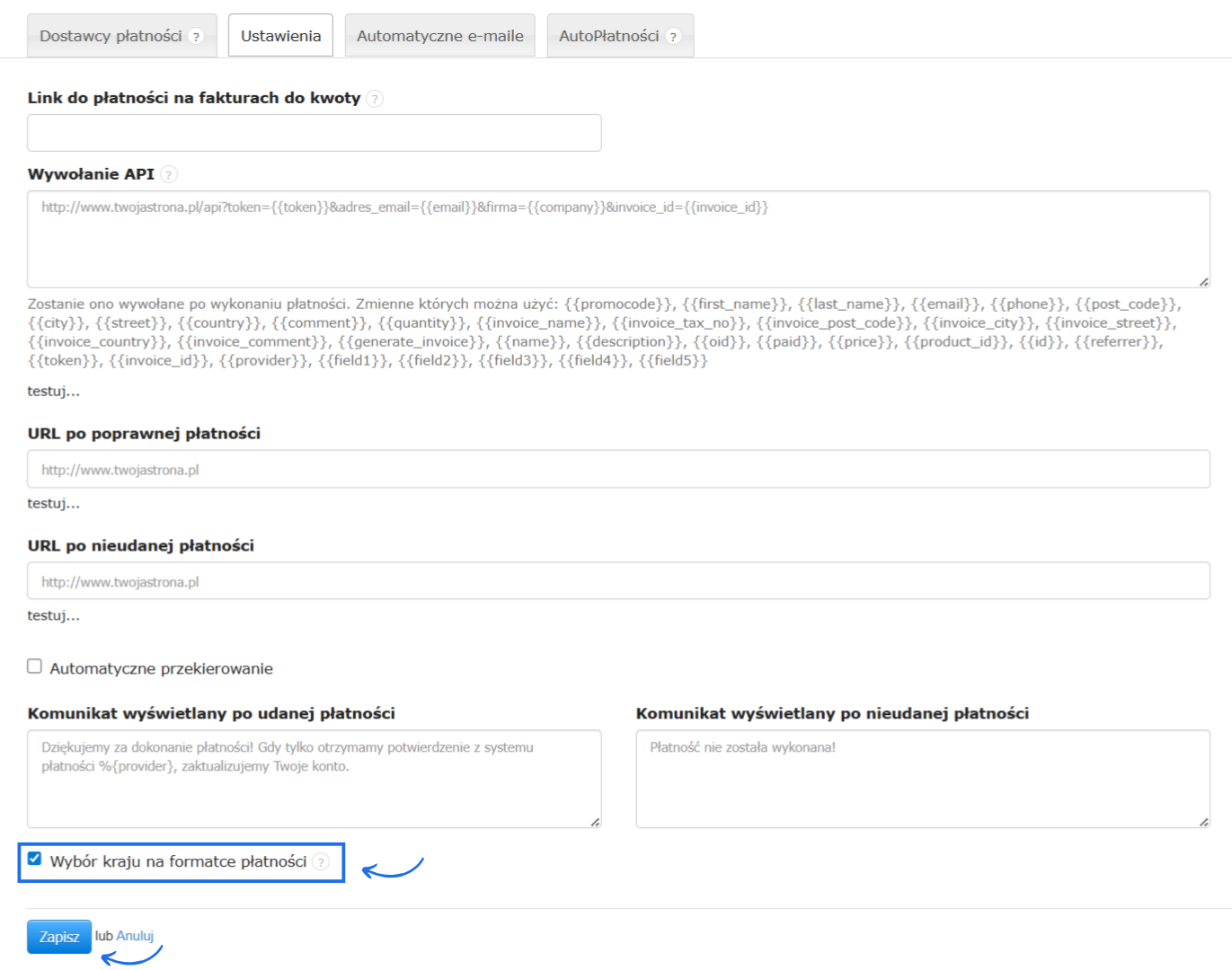 Ustawienia płatności online z możliwością ustawienia kwoty faktury dla przycisku do płatności, linków po poprawnej i błędnej płatności oraz wyboru kraju na formatce płatności.