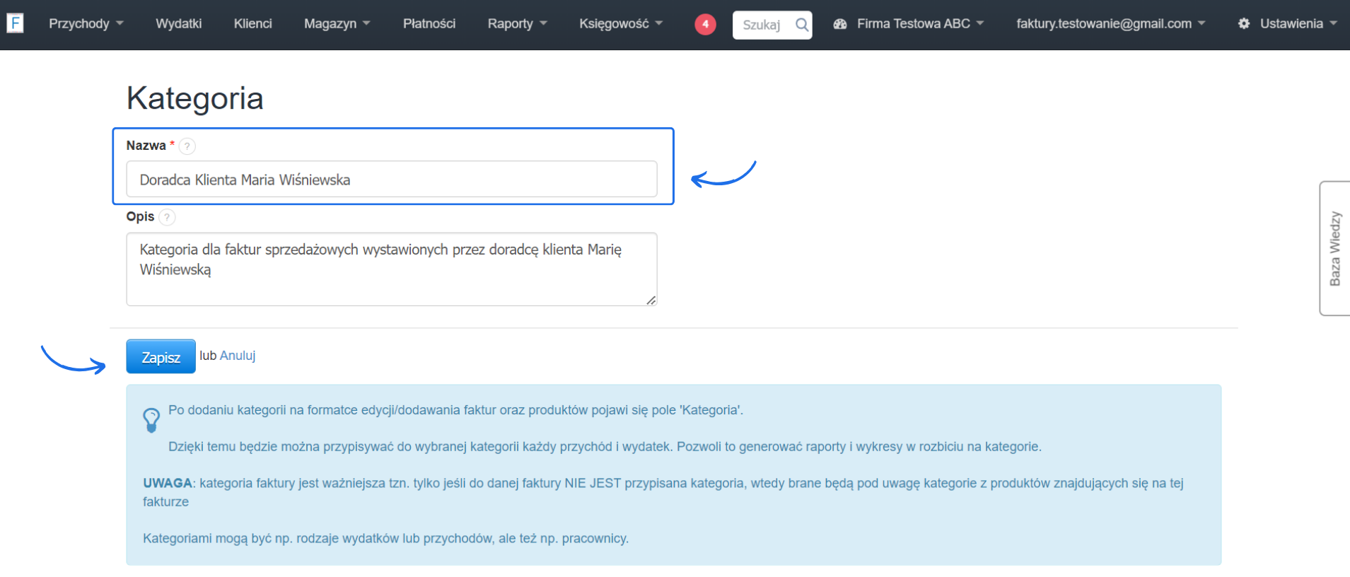 Formularz tworzenia kategorii z polem 'Nazwa' oraz 'Opis'.