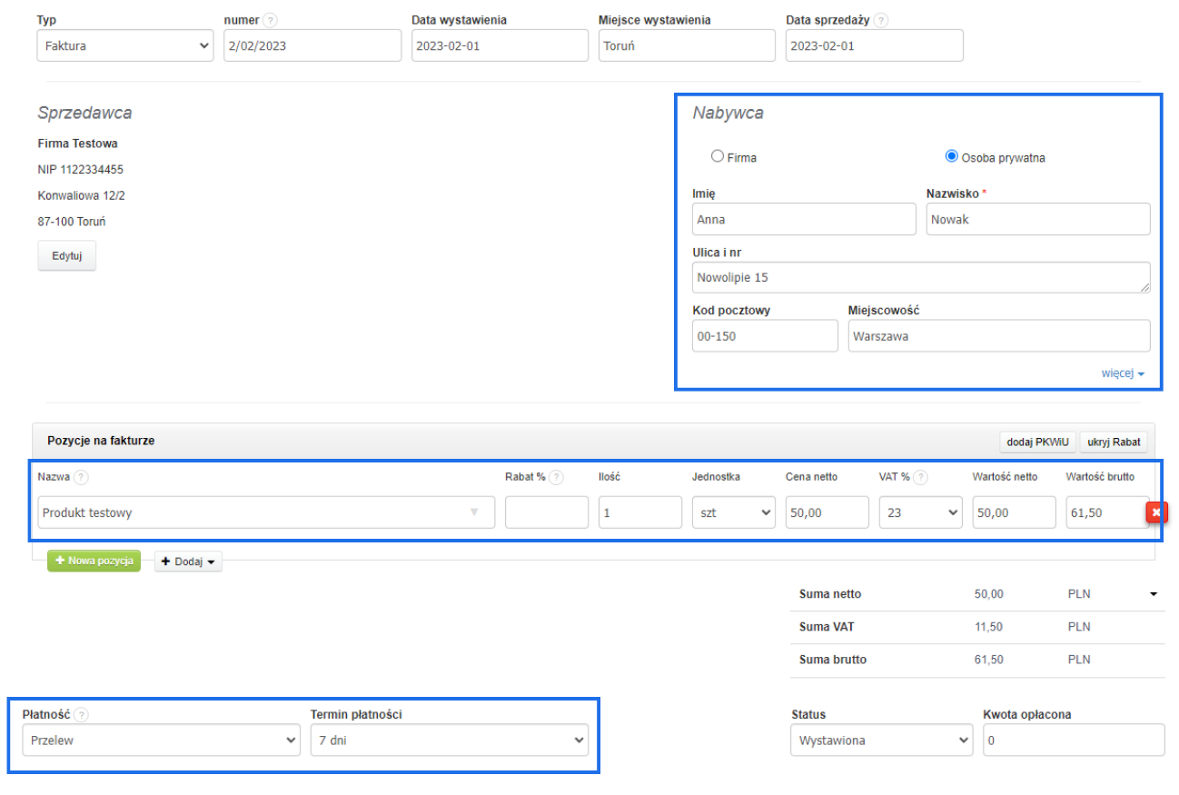 Tworzenie faktury w Fakturownia.pl z danymi sprzedawcy, nabywcy, pozycjami na fakturze oraz opcjami płatności i terminem płatności.