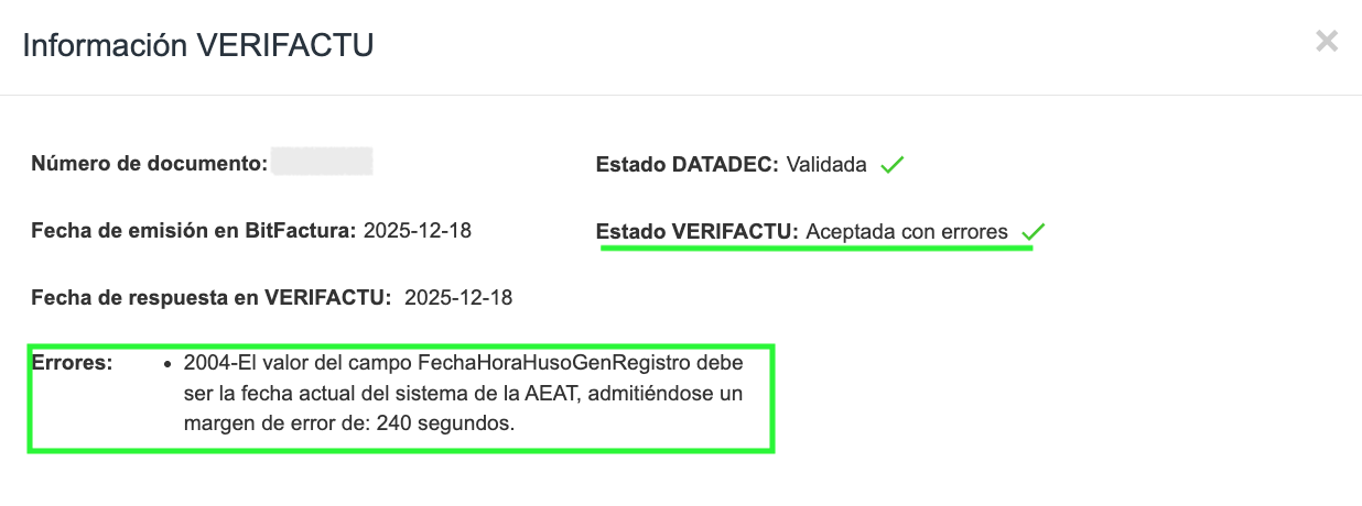 Estado VERIFACTU Aceptada con errores con detalle de advertencias reportadas