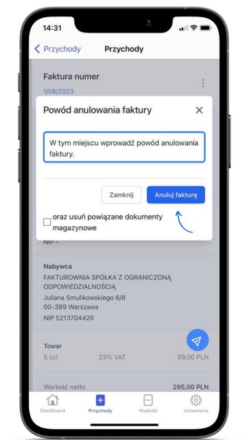 Okno dialogowe w aplikacji Fakturownia z polem do wpisania powodu anulowania faktury. Podświetlony przycisk ‘Anuluj fakturę’.