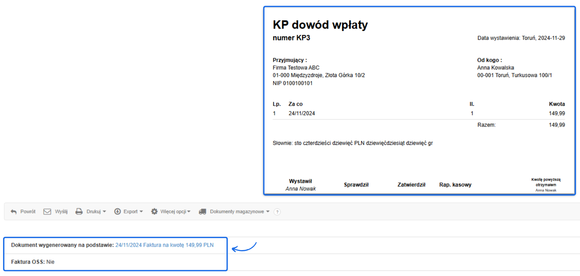 Dokument KP dowód wpłaty numer KP3 wygenerowany na podstawie faktury z dnia 24/11/2024 na kwotę 149,99 PLN, zawiera dane sprzedawcy i nabywcy.