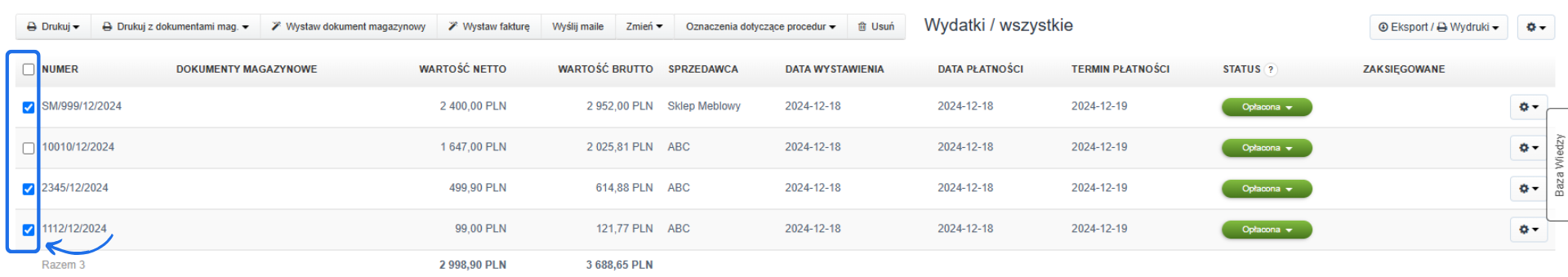 Lista wydatków z zaznaczonymi numerami faktur, statusem 'Opłacona' oraz kolumną 'Zaksięgowane' w systemie Fakturowni.
