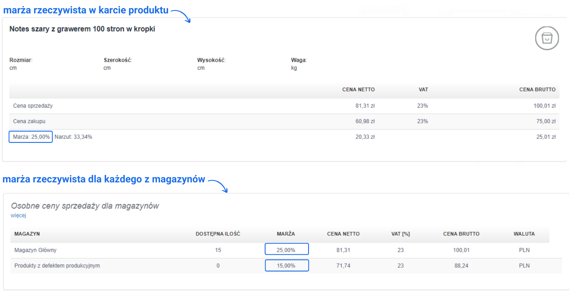 Marża rzeczywista w karcie produktu 'Notes szary z grawerem' wynosi 25%, a dla magazynów: 25% w głównym i 15% dla produktów z defektem.