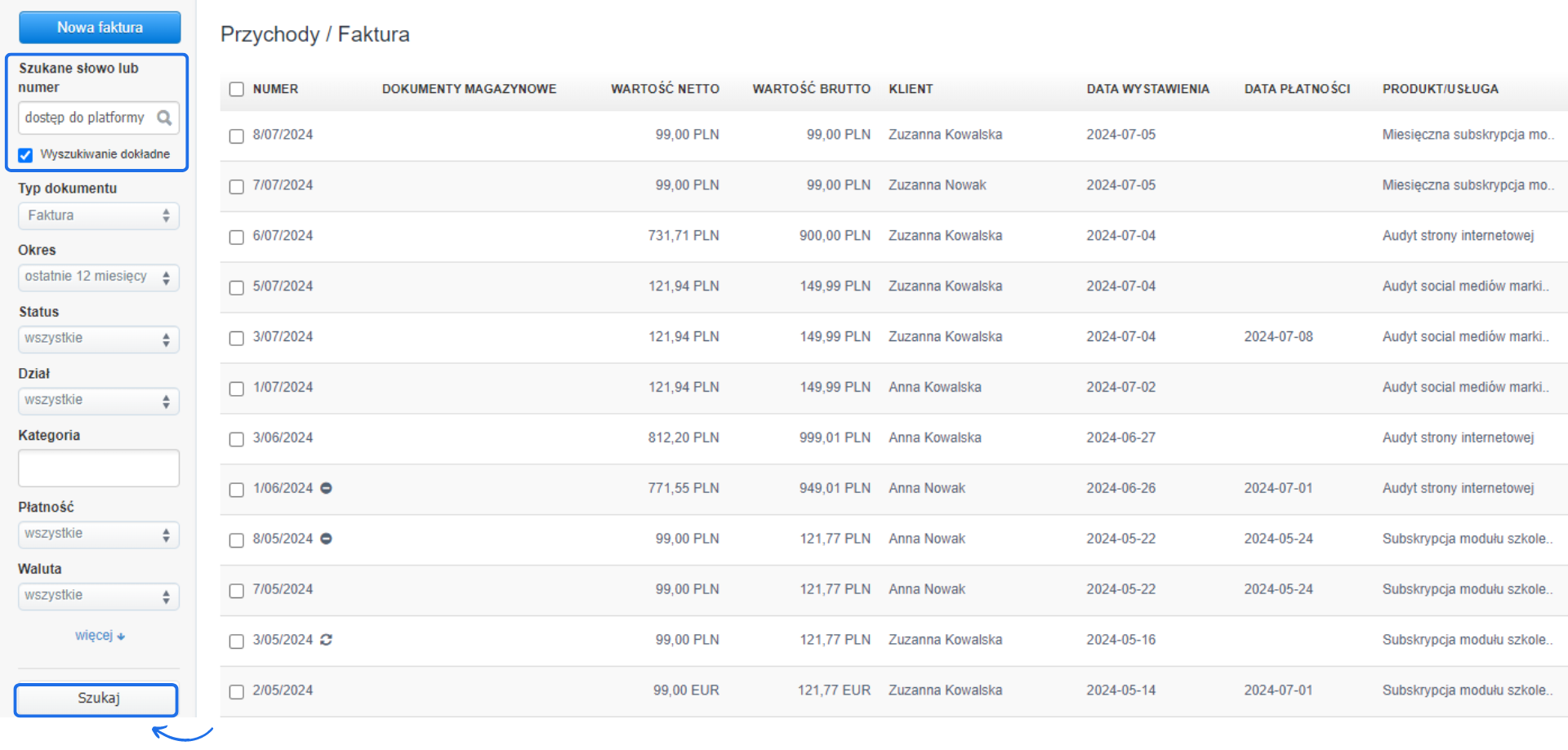 Lista faktur z zaznaczoną opcją dokładnego wyszukiwania dla frazy 'dostęp do platformy', pokazująca wyniki z tą frazą w kolumnie uwagi.