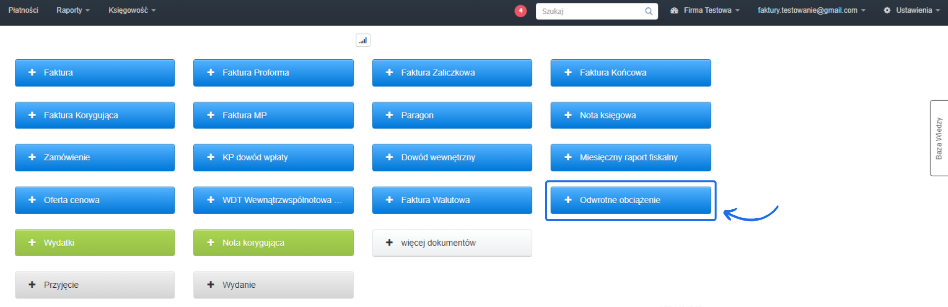 Strona główna aplikacji z widocznymi opcjami dokumentów, w tym funkcja tworzenia dokumentu z odwróconym obciążeniem.