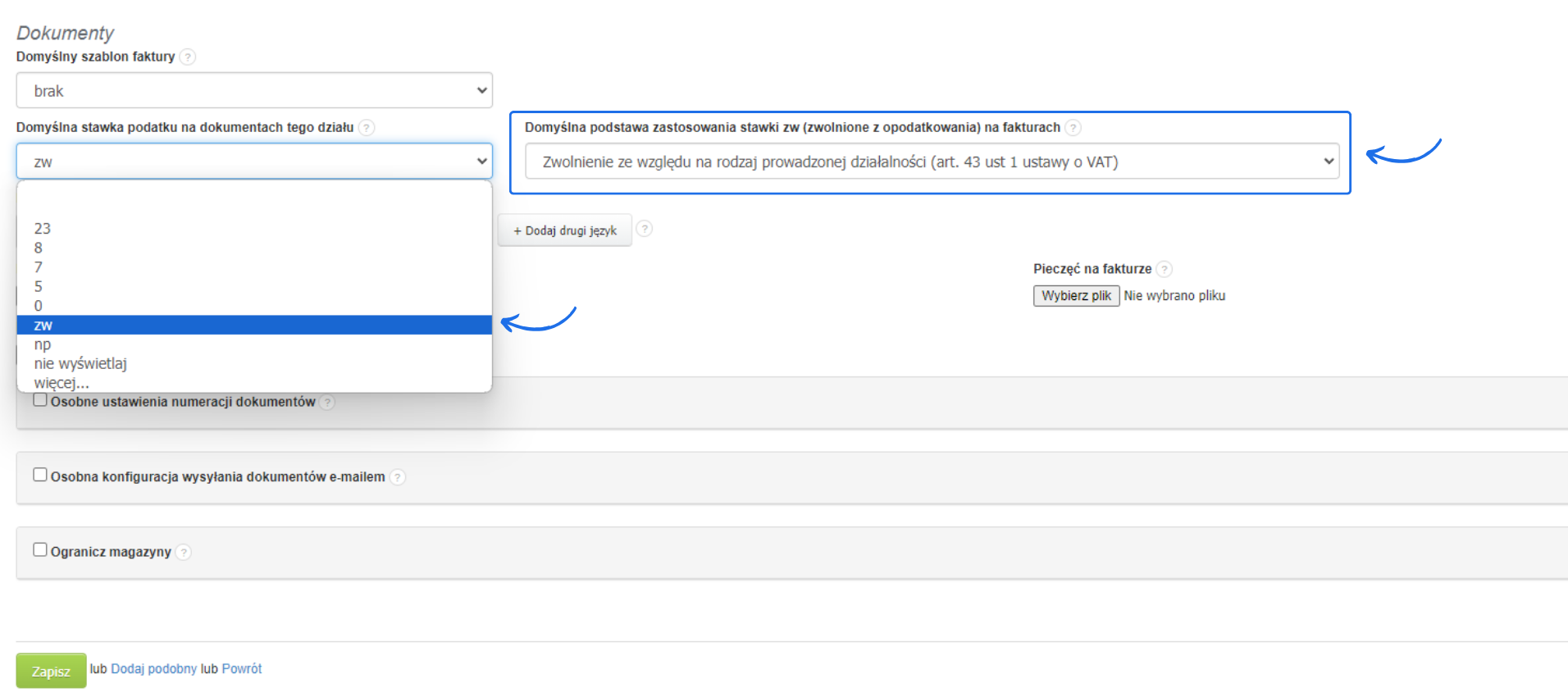 Ustawienia dokumentów: wybór domyślnej stawki podatku i podstawy zwolnienia z VAT dla dokumentów w dziale, opcje zwolnienia z VAT.