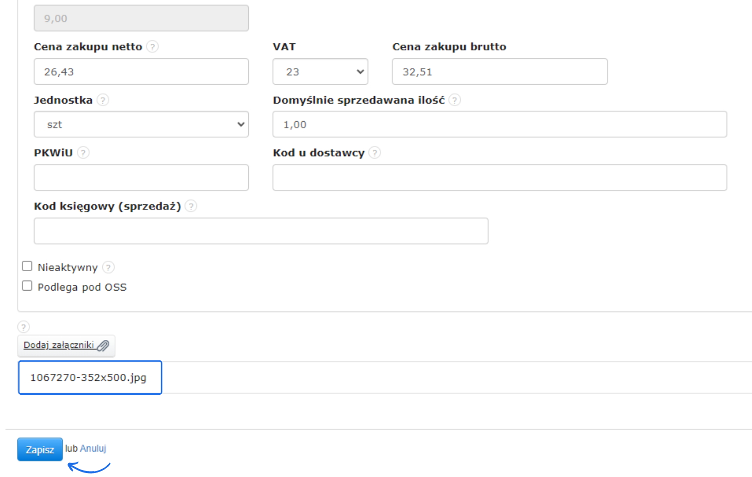 Szczegółowy formularz wprowadzania danych produktu, zawierający ceny netto, VAT, ceny brutto oraz dodatkowe opcje księgowe.