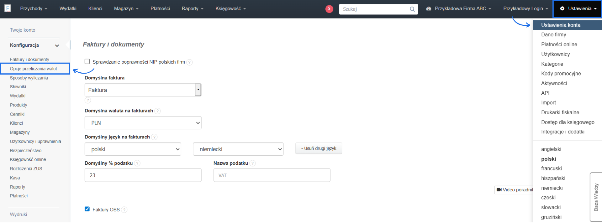 Ustawienia konta w systemie Fakturownia z możliwością wybrania domyślnej waluty czy stawki podatku oraz zmian w opcjach przeliczania walut.