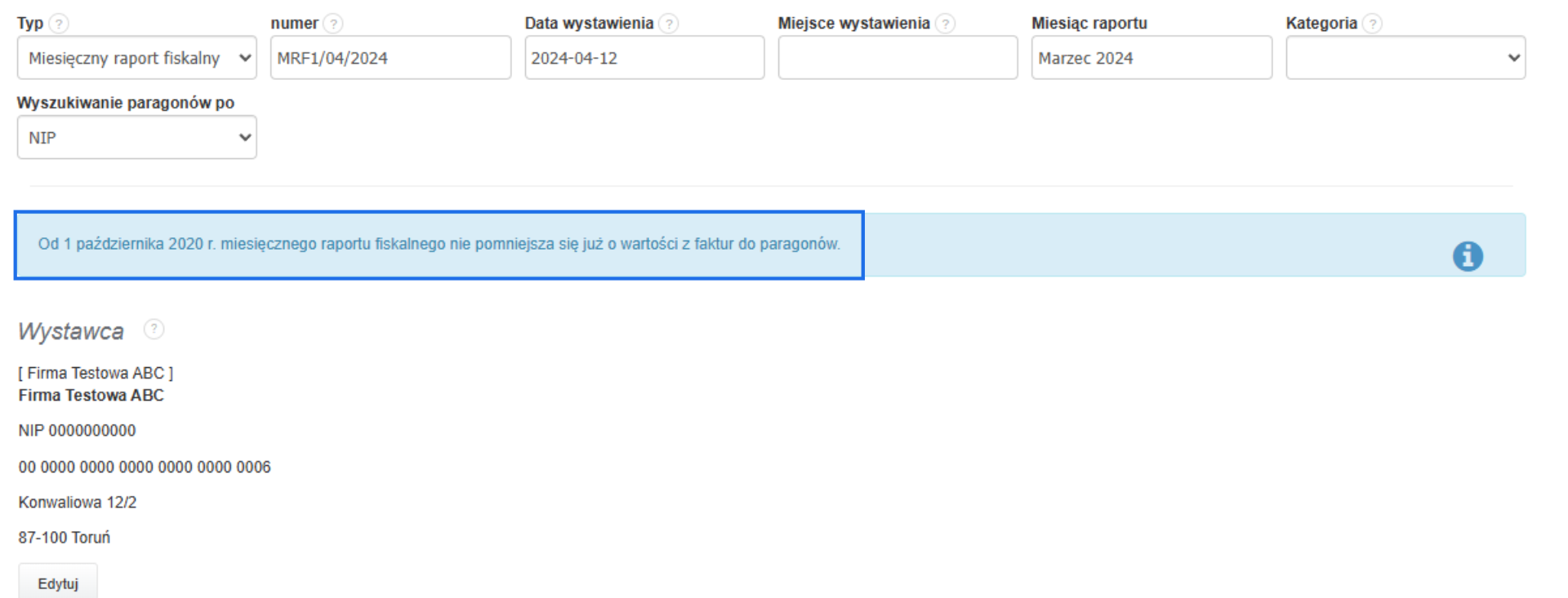 Formularz miesięcznego raportu fiskalnego z informacją, że od 1.10.2020 nie odejmuje się faktur z paragonów.