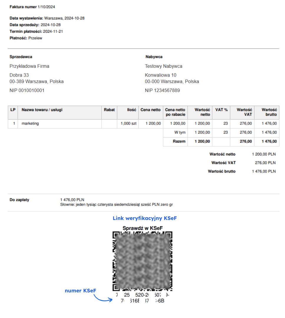 Faktura marketingowa z linkiem weryfikacyjnym KSeF i widocznym numerem KSeF. Kwota brutto do zapłaty: 1 476,00 PLN.