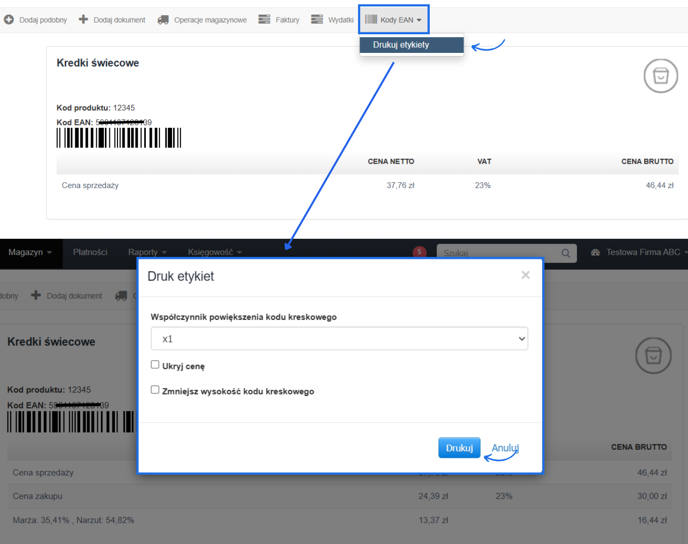 Karta produktu w systemie do fakturowania z możliwości wydrukowania pojedynczej etykiety z kodem EAN.