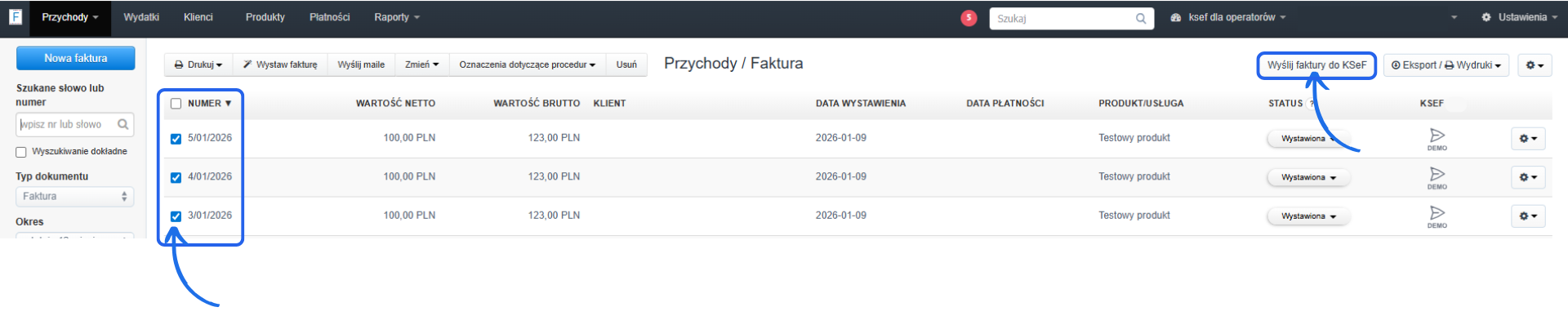 Widok listy faktur z zaznaczonymi dokumentami i przyciskiem „Wyślij faktury do KSeF” do masowego eksportu do systemu e-Faktur.