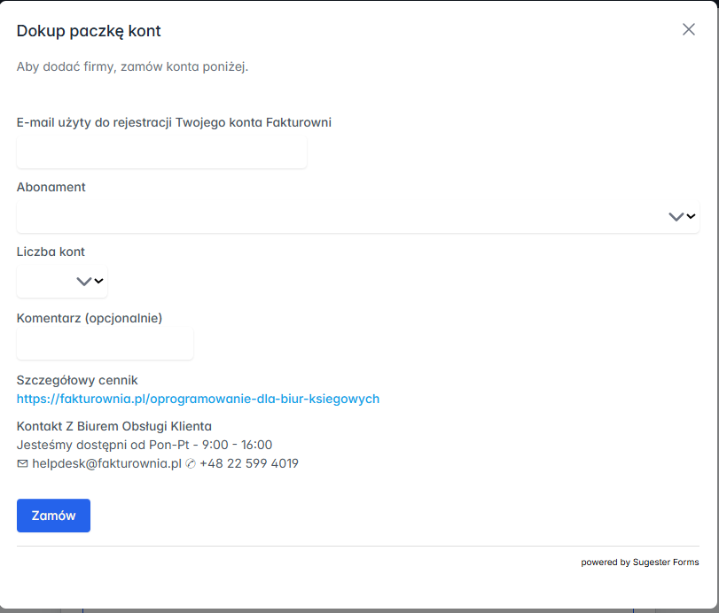 Formularz złożenia zamówienia na paczkę kont w module dla biur księgowych.