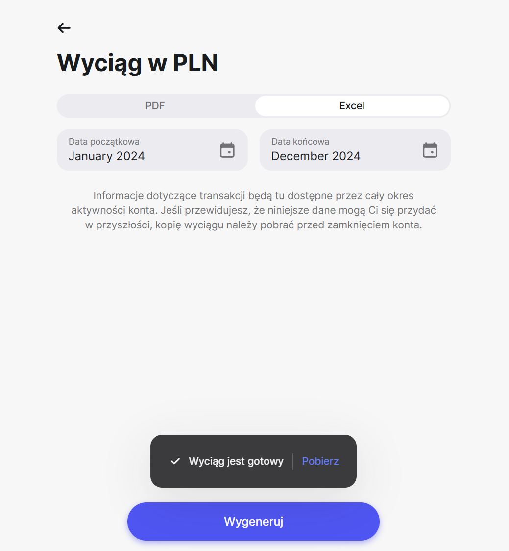 Ekran wyciągu z Revoluta w PLN z opcjami wyboru formatu PDF lub Excel, zakresu dat od stycznia 2024 do grudnia 2024 oraz przyciskiem „Wygeneruj”.
