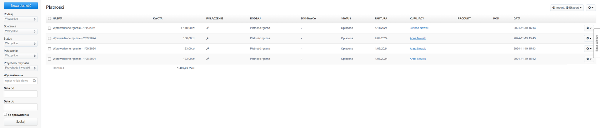 Panel płatności z listą transakcji w systemie, zawierający szczegóły takie jak kwota, status, data i kupujący, z możliwością eksportu lub importu danych.