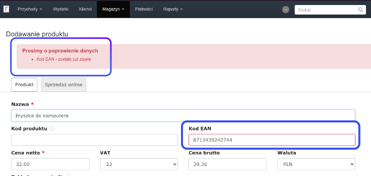 Formularz dodawania produktu w systemie Fakturownia z komunikatem o błędzie: Kod EAN zostało już zajęte, pole Kod EAN oznaczone na czerwono.