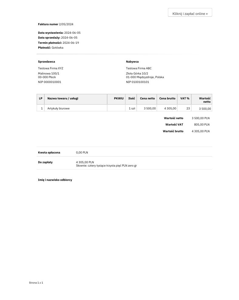 Skan faktury z Fakturowni z danymi sprzedawcy i nabywcy, pozycją towarową 'Artykuły biurowe', ceną netto 3 500,00 PLN, wartością VAT 805,00 PLN, oraz kwotą brutto 4 305,00 PLN. Faktura numer 2/05/2024.