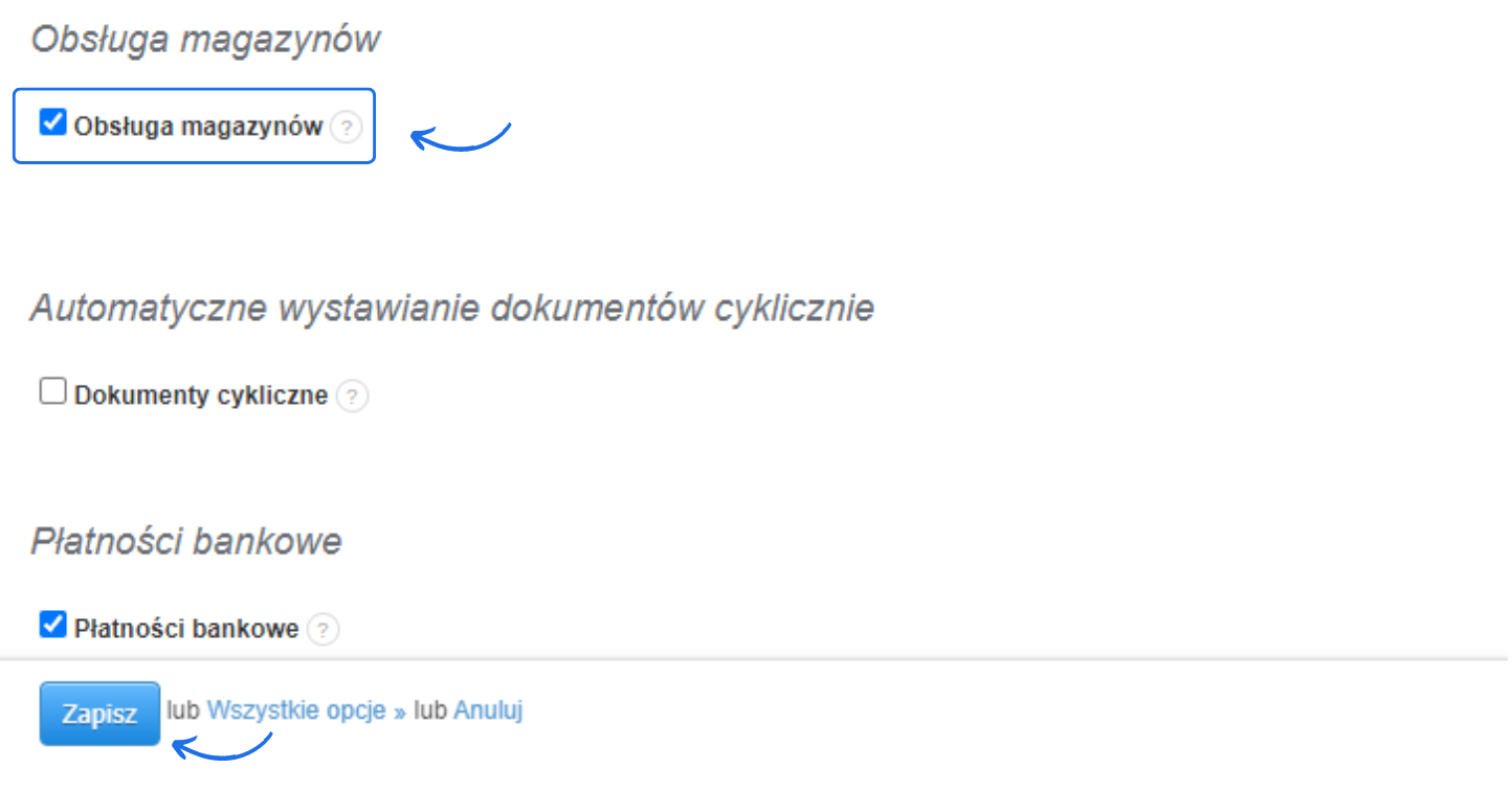 Ekran konfiguracji w Fakturownia.pl z zaznaczoną opcją obsługi magazynów oraz płatności bankowych.