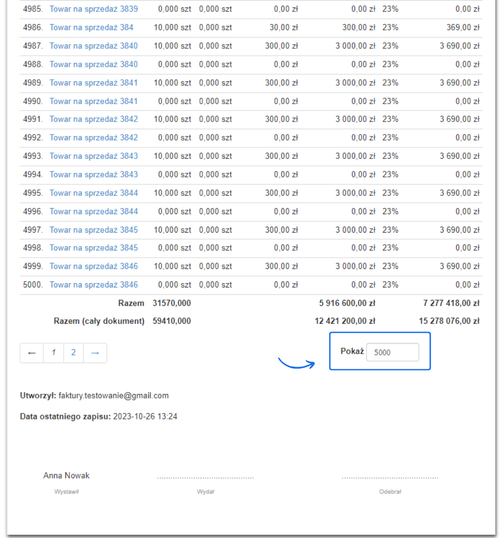 Widok podsumowania dokumentu inwentaryzacji z 5000 pozycjami towarów i łączną wartością brutto 15 278 076,00 zł.