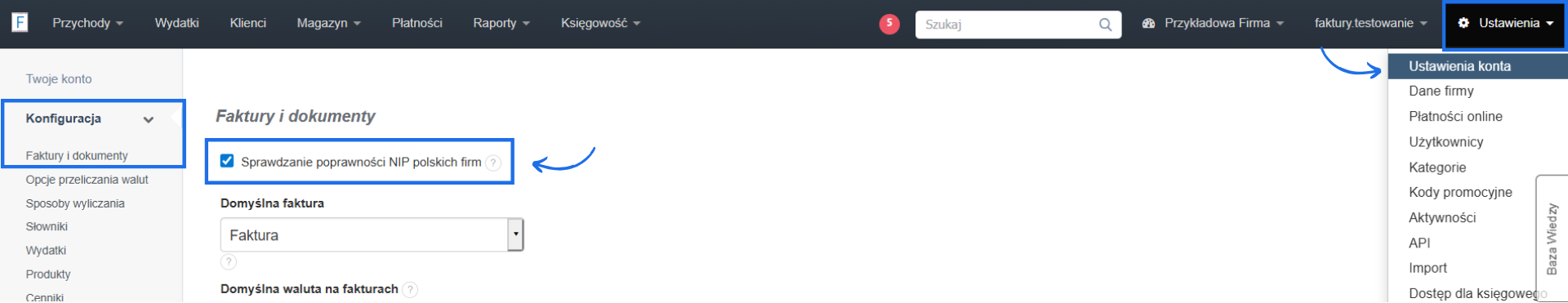 Ustawienia konta w systemie Fakturownia do wystawiania faktur online z aktywną sekcja dotyczącą faktur i ustawieniem sprawdzającym poprawność polskiego NIP-u.