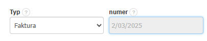 Pole wyboru typu dokumentu ustawione na 'Faktura' oraz zablokowane pole numeru faktury z wartością '2/03/2025' w systemie Fakturownia.pl