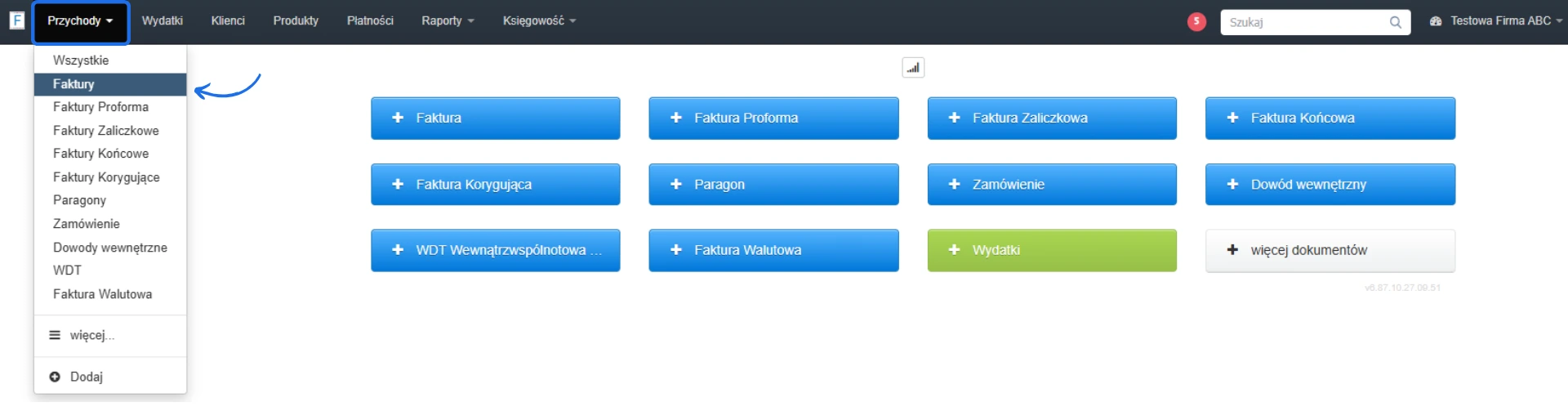 Menu modułu przychody w programie do fakturowania z widocznymi opcjami wystawiania różnych typów dokumentów, w tym faktur i paragonów.