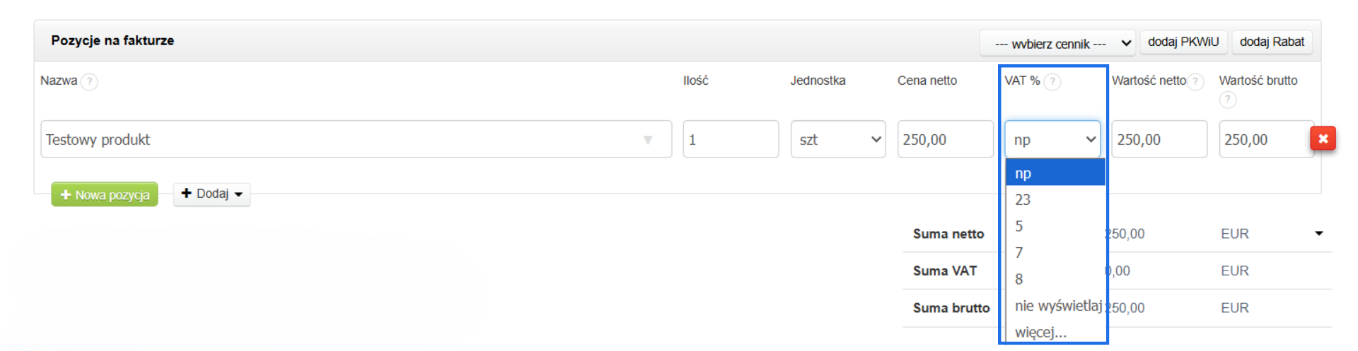 Formularz tworzenia faktury z aktywną kolumną dotyczącą wyboru stawki podatku.
