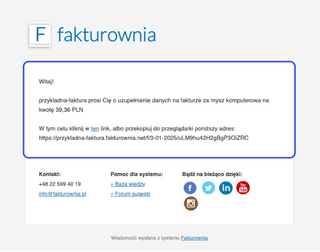 Przykładowa wiadomość e-mail wysyłana z systemu Fakturownia z prośbą o uzupełnienie danych do faktury.