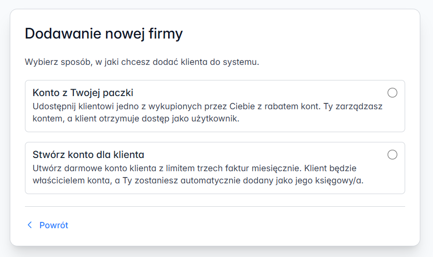 Opcja dodania nowego konta dla firmy dostępne w panelu dla obsługi kont dla księgowych i w ramach modułu dla biur.