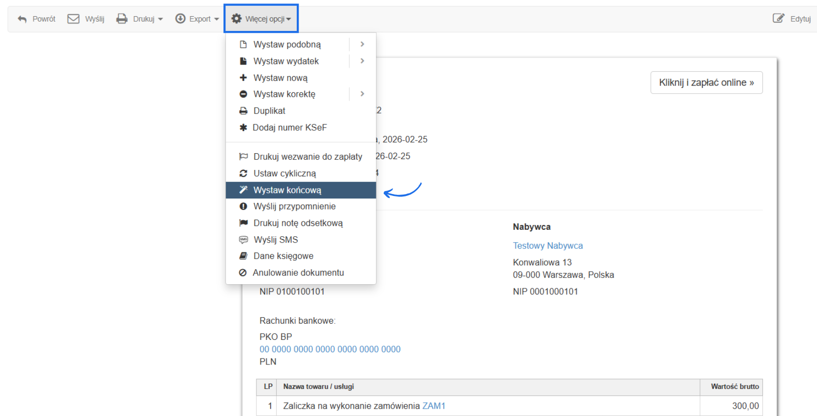 Menu opcji w systemie fakturowania, z wyróżnioną opcją 'Wystaw końcową' dla faktury zaliczkowej powiązanej z zamówieniem ZAM1.