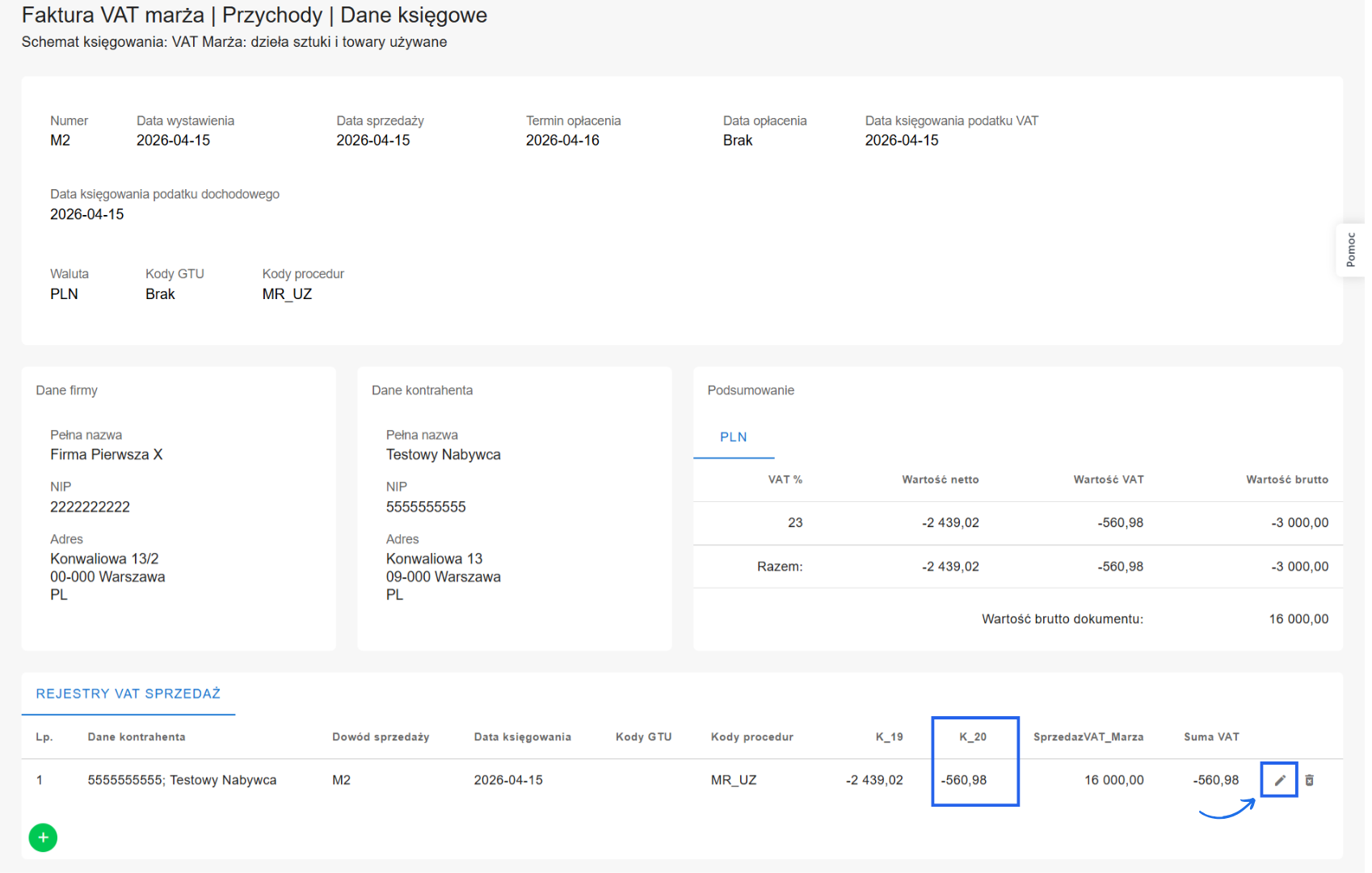 Szczegóły danych księgowych faktury VAT marża z ujemną wartością podatku VAT.