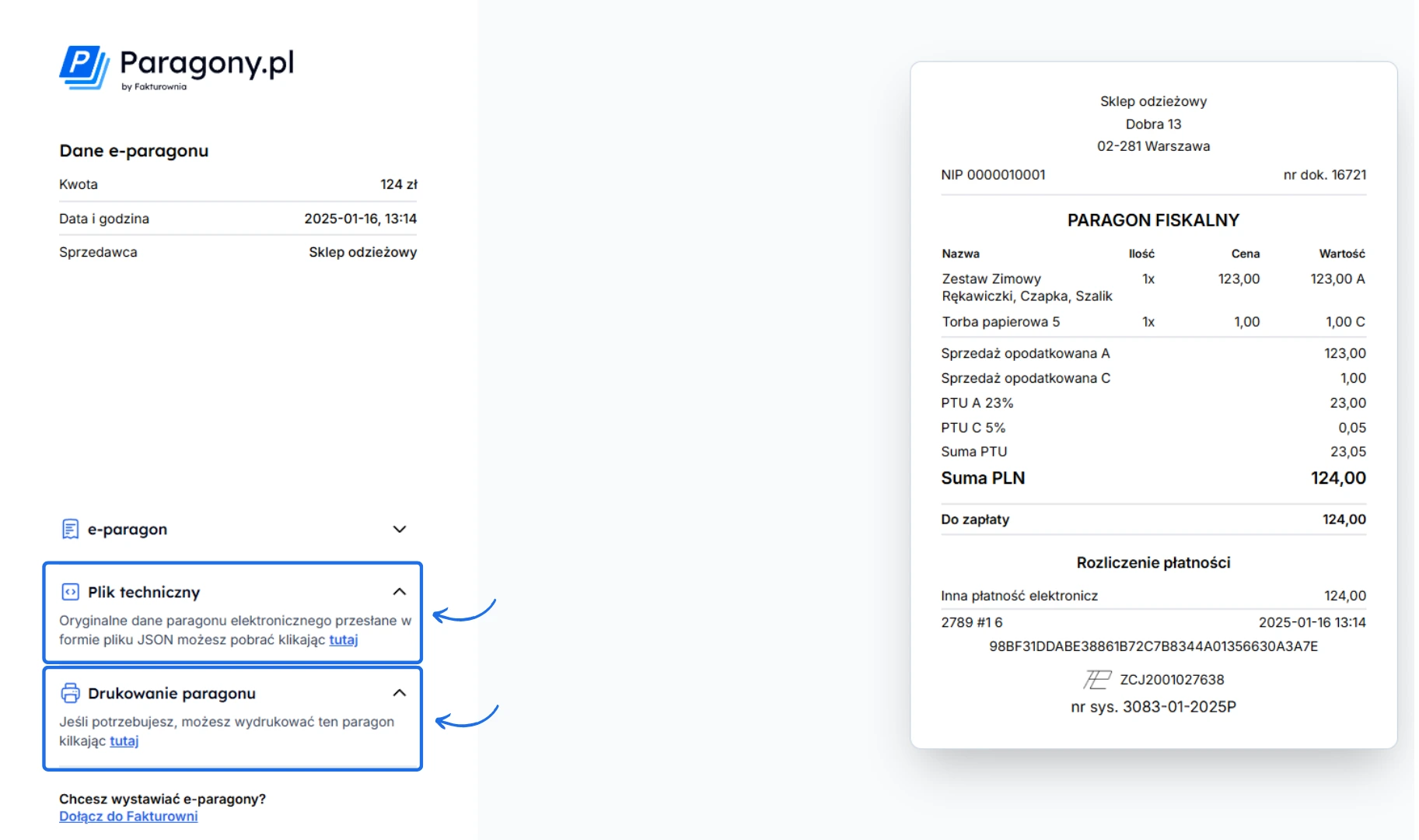 E-paragon z informacjami o kwocie, dacie oraz sprzedawcy, z opcjami pobrania pliku technicznego JSON lub drukowania paragonu w systemie Paragony.pl.