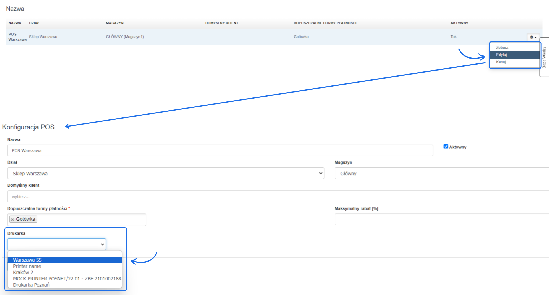 Ekran konfiguracji POS w Fakturownia.pl z ustawieniami dla POS Warszawa, w tym wyborem drukarki, działu, i formy płatości.