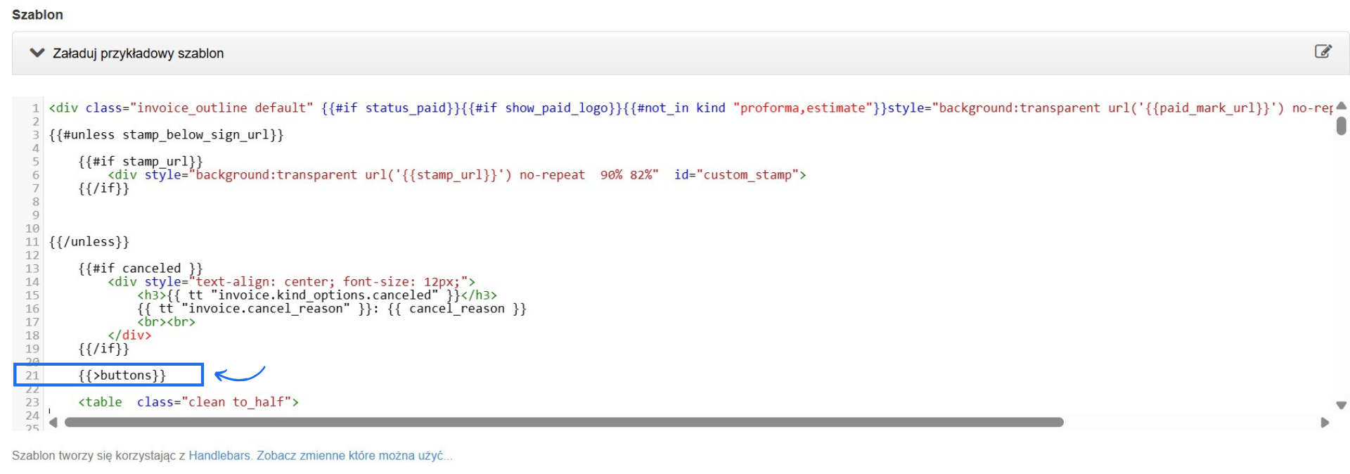 Kod HTML systemowego szablonu faktur, ze wskazaną modyfikacją przycisku do szybkiej płatności.