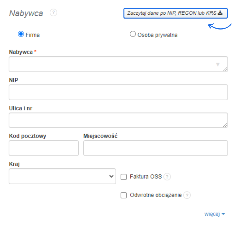 Formularz w Fakturowni do wpisywania danych nabywcy z opcją automatycznego wczytania danych po NIP, REGON lub KRS.