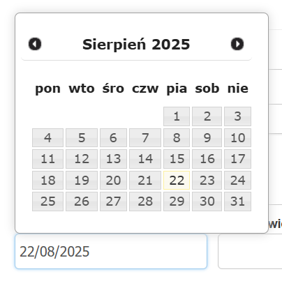 Kalendarz z wybraną datą 22 sierpnia 2025, ustawiony na miesiąc sierpień 2025 w interfejsie wyboru daty.
